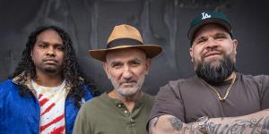 Paul Kelly – flanked by Indigenous rappers Baker Boy (left) and Briggs (right) – said he was on board the Now&Forever concept from the moment he was asked to join the line-up.