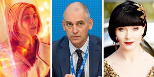 From left:Jodie Whittaker in Doctor Who,Rob Sitch in Utopia and Essie Davis in Miss Fisher’s Murder Mysteries.