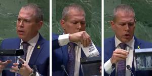 Israel’s UN ambassador Gilad Erdan theatrically inserted a miniature copy of the UN charter into a transparent paper shredder after three-quarters of the world’s governments have just cast a sympathy vote for the Palestinians at the UN.