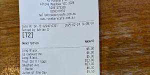 The receipt for our lunch at Little Rosebery cafe.