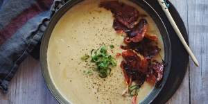 Leek,potato and bacon soup with crispy caramelised prosciutto.