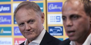 New Wallabies head coach Joe Schmidt with Rugby Australia chief executive Phil Waugh in January.