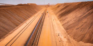 Part of the iron ore stockpile at the BHP Jimblebar facility in the Pilbara region of Western Australia.
