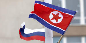 The flags of Russia and North Korea fly high as Russian President Vladimir Putin visits Pyongyang.