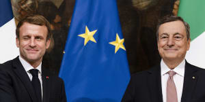 French President Emmanuel Macron,left,and Italian Prime Minister Mario Draghi in Rome on Thursday.