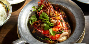 Baked tiger prawns with vermicelli at Porkfat Thai restaurant in Sydney.