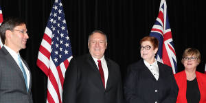 The US Defence Secretary,Mark Esper,the US Secretary of State,Mike Pompeo,Foreign Affairs Minister Marise Payne and Defence Minister Linda Reynolds following talks in Sydney at the weekend.
