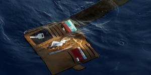 A wallet belonging to a victim of the Lion Air crash floats in the waters of Ujung Karawang,West Java.