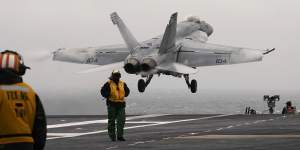 An F/A-18 E is launched from the deck of the aircraft carrier USS Gerald R. Ford.