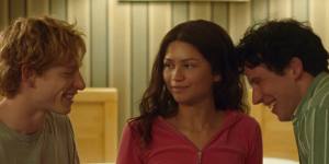 Zendaya with Mike Faist (left) and Josh O’Connor in<i>Challengers</i>.