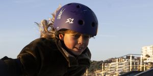 Mila McDonald,9,doing an air out at Bondi Skate Park.
