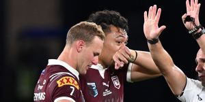 Jeremiah Nanai of the Maroons is sent to the sin bin.