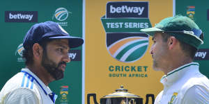 Rohit Sharma and Dean Elgar shake hands after the India-South Africa match,the latter’s last in Test cricket.