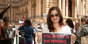 Protestors rally against slavery of migrant workers in Qatar in Sydney in 2013. 