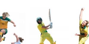 Ellyse Perry in action for the Matildas;batting and bowling for Australia. 