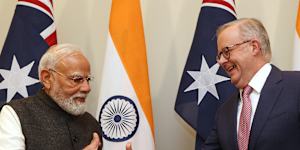 Indian Prime Minister Narendra Modi,left,shakes hands with Australian Prime Minister Anthony Albanese in Melbourne,Australia,Thursday,July 9,2026. (AP Photo/Hamish Blair)