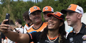 Jarome Luai meets Tigers fans during pre-season training.