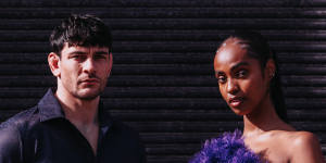 Code switching ... models Markus Galloway,wearing Christian Kimber,and Reem Elbour,wearing Youkhana.