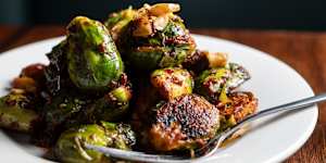 Roasted Brussels sprouts with pilpelchuma (chilli and garlic paste).