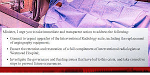 Composite artwork for Angus Thomson story on interventional radiology at Westmead Hospital. Text is an excerpt of a letter from Eastwood GP Fiona Dennison to Health Minister Ryan Park. 