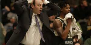 Chase Buford reacts to a call when coaching of the Wisconsin Herd in an NBA G-League game in 2019.