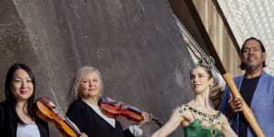 London Symphony Orchestra violinists Naoko Keatley and Belinda McFarlane,Australian Ballet Principal Artist Sharni Spencer and didgeridoo player William Barton who will be performing as part of Inside/Out at the House at the Opera House this week.