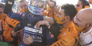 The celebration after Ricciardo’s grand prix win for McLaren at Monza,Italy,last September. 