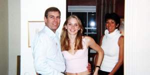 Prince Andrew with Virginia Giuffre,then Virginia Roberts,at the London home of Ghislaine Maxwell (right) in 2001.