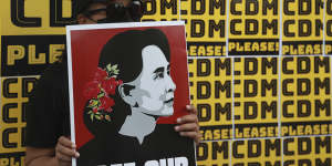 Anti-coup protesters call for the release of Aung San Suu Kyi. 