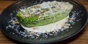 Grilled cos lettuce with almond puree and pecorino.