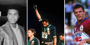 Muhammad Ali,Tommie Smith flanked by Peter Norman and John Carlos at the 1968 Olympics,and former Manly forward Ian Roberts.