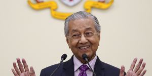 Malaysian interim leader Mahathir Mohamad speaks during a press conference in his office in Putrajaya,Malaysia.