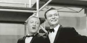 Graham Kennedy and Bert Newton on the set of In Melbourne Tonight,October 1964.