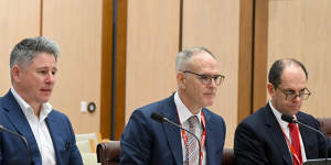 ‘Ban them’:Nine’s Mike Sneesby,News Corp’s Michael Miller and Seven West Media’s Jeff Howard in Canberra on Friday.