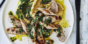 Danielle Alvarez’s grilled sausages with chickpea mash and chimichurri.