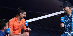 Novak Djokovic and Nick Kyrgios after their exhibition match on Friday.