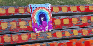 One of Veneta Cue’s yarn bombing crochet pieces on her recent road trip to mark her late daughter Macey’s 18th birthday.