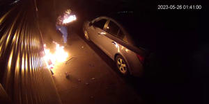CCTV footage of an arson incident in Moonee Ponds on May 26,2023,where the offender catches alight.