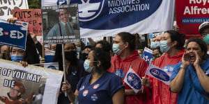 NSW nurses and midwives strike outside Parliament House in 2022.