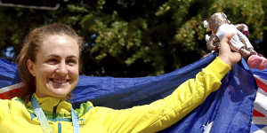 Grace Brown after winning gold in the women’s cycling individual time trial at the Commonwealth Games.