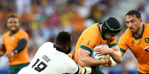 Nick Frost of the Wallabies gains ground against Fiji in Saint-Etienne.