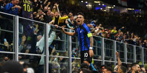 Lautaro Martinez celebrates with the Inter Milan faithful.