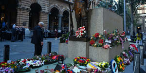 Wreaths lay at the cenotaph in Martin Place on ANZAC day. Sydney.