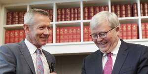 Former prime minister Kevin Rudd with Peter Hartcher at Parliament House in 2019.