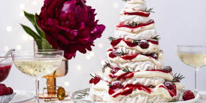 This stacked pavlova Christmas tree makes a grand table centrepiece.
