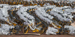 Thousands of bikes sit in an empty lot in Nunawading. oBike launched in Melbourne in June,2017.