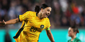 Sam Kerr celebrates after scoring for the Matildas.