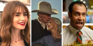 Top streaming in December (from left):Lily Collins in Emily in Paris,Harrison Ford and Helen Mirren in 1923 and Matt Okine in Christmas Ransom.