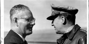 Prime Minister of Australia at war in the Pacific,Mr. John Curtin meets General MacArthur,American Commander-in-chief the South-west Pacific Area. May 31,1974.