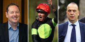 Tabcorp chief executive Adam Rytenskild,Think About It and jockey Sam Clipperton after winning The Everest in 2023 and Racing NSW boss Peter V’landys.